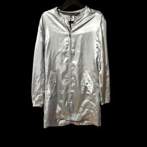 Poof Silver Satin Long Jacket Size Large NWT